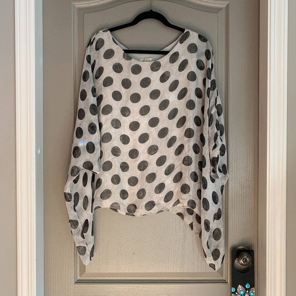 Polka Dot Sheer Batwing Blouse - White & Gray